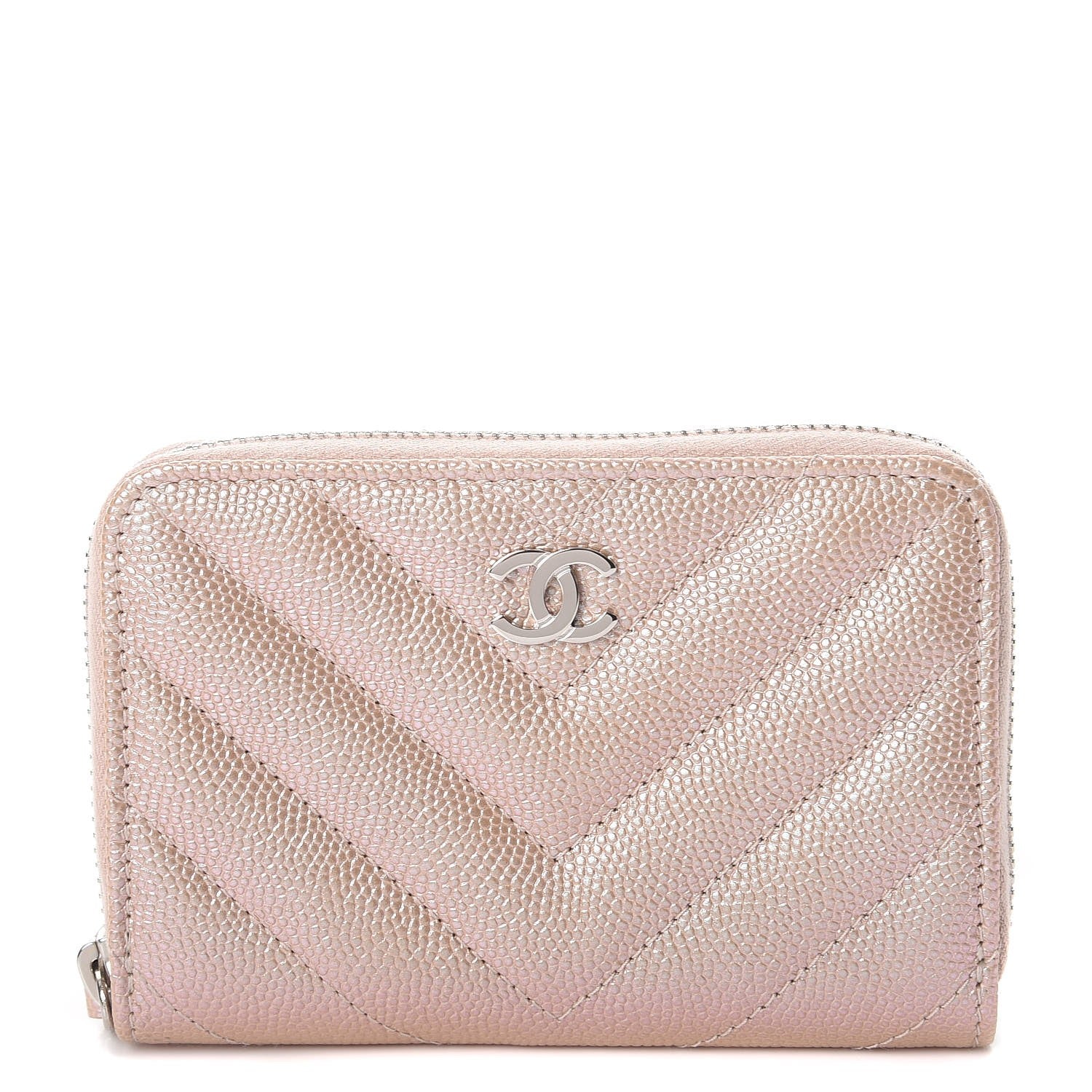 Chanel Metallic Caviar Chevron Quilted Zip Around Coin Purse Light Gold 1 of 8