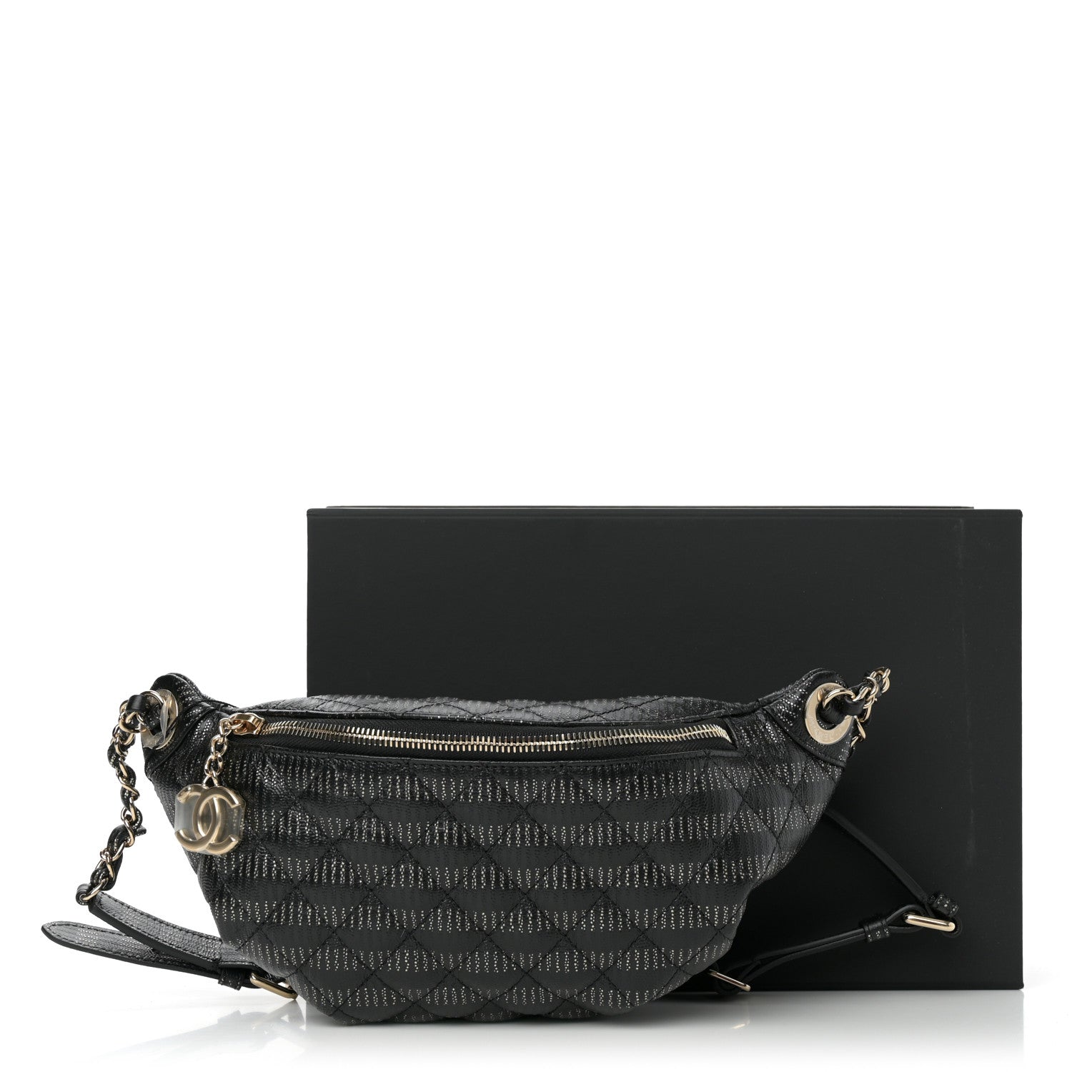 Chanel Metallic Caviar Striped Banane Waist Bag Fanny Pack Black Gold 12 of 12