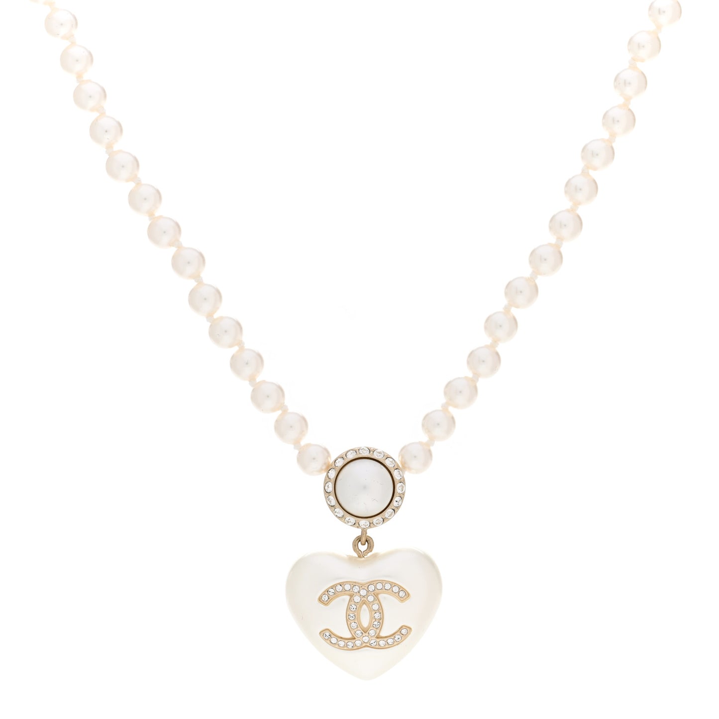 Pearl Crystal CC Heart Short Necklace Pearly White Gold