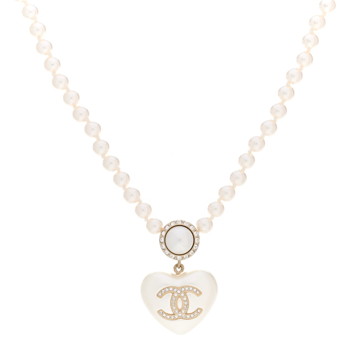 Chanel Pearl Crystal CC Heart Short Necklace Pearly White Gold 1 of 5