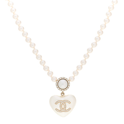 Chanel Pearl Crystal CC Heart Short Necklace Pearly White Gold 1 of 5