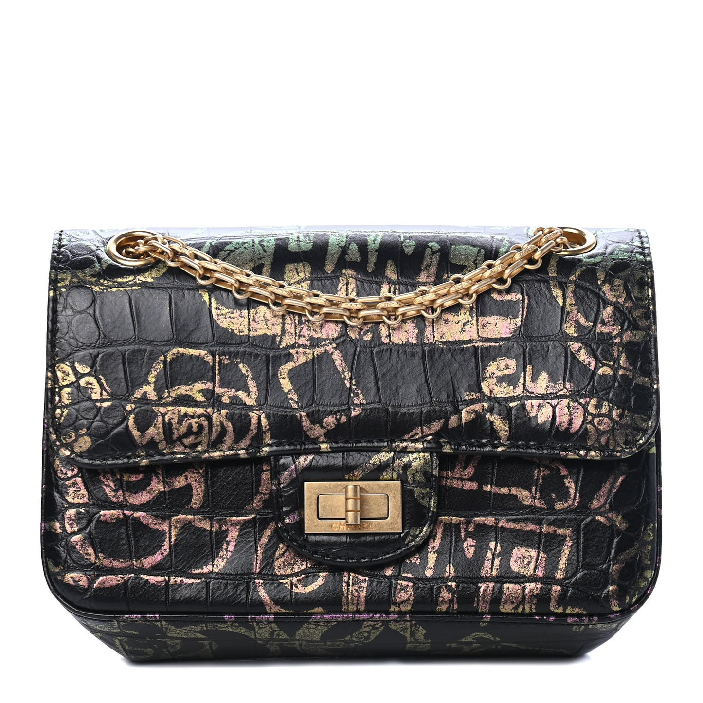 Calfskin Crocodile Embossed Graffiti 2.55 Mini Cocodile Reissue Flap Black Pink