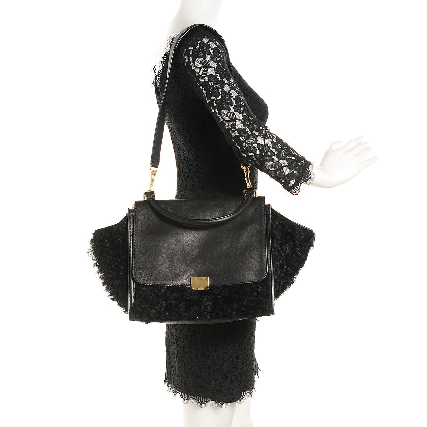 Calfskin Curly Lamb Medium Trapeze Black