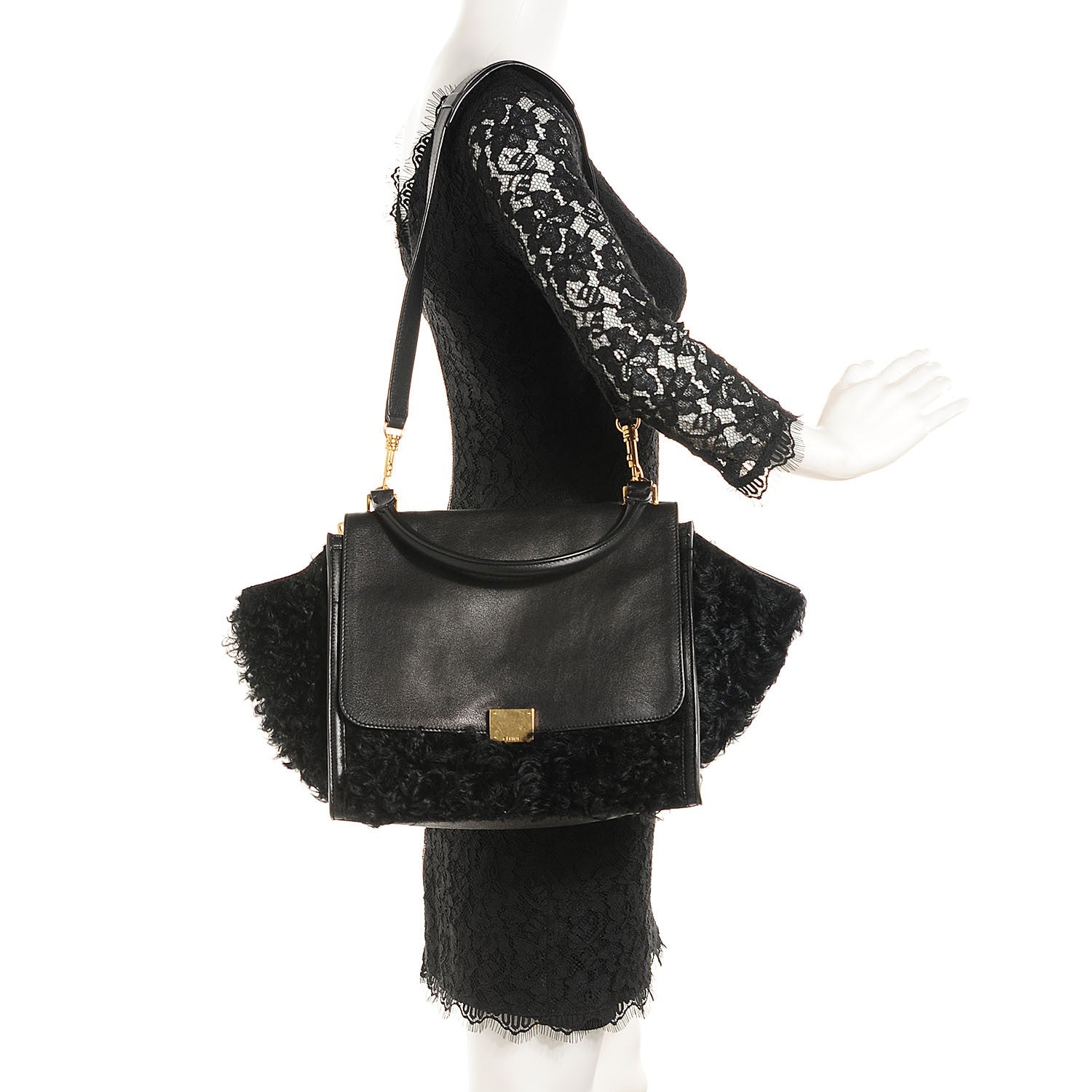 Celine Calfskin Curly Lamb Medium Trapeze Black 2 of 8