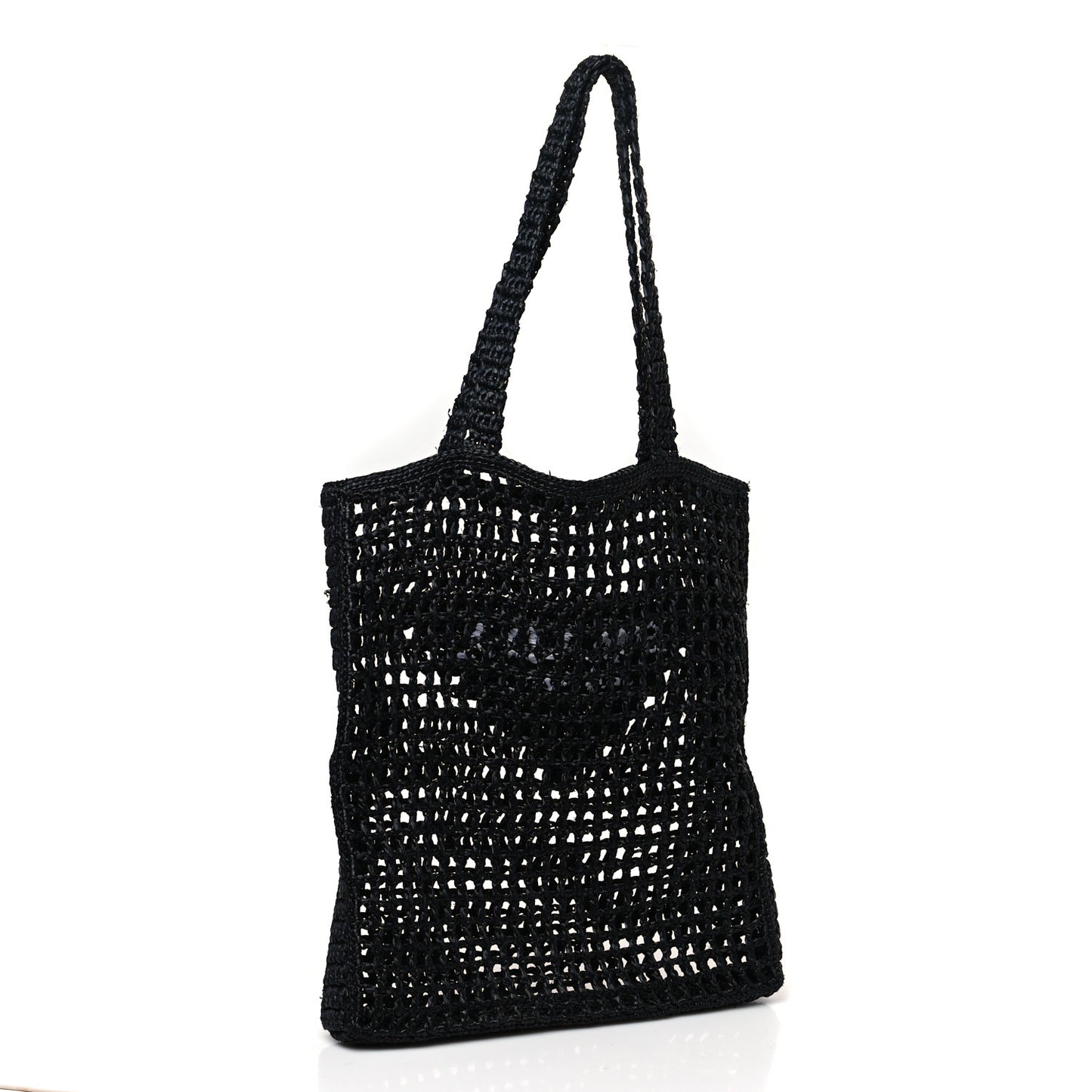 Yarn Raffia Effect Crochet Logo Embroidered Tote Bag Black