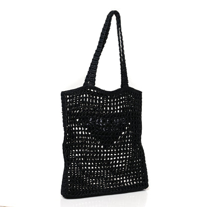Prada Yarn Raffia Effect Crochet Logo Embroidered Tote Bag Black 3 of 10