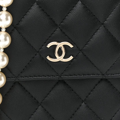 Chanel Lambskin Quilted Pearl Phone Holder With Chain Black 9 of 12