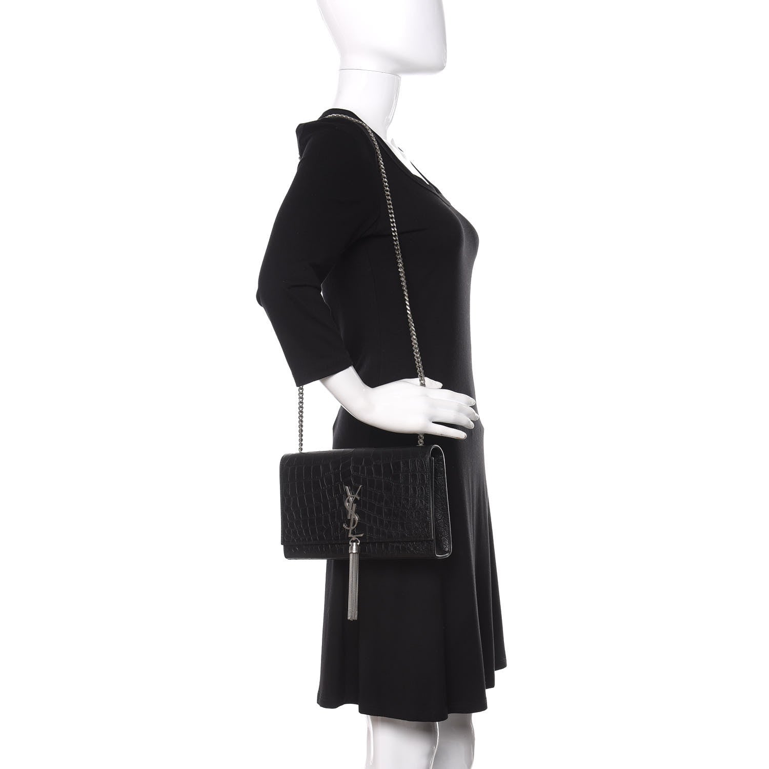 Saint Laurent Calfskin Crocodile Embossed Medium Classic Monogram Kate Tassel Satchel Black 2 of 12
