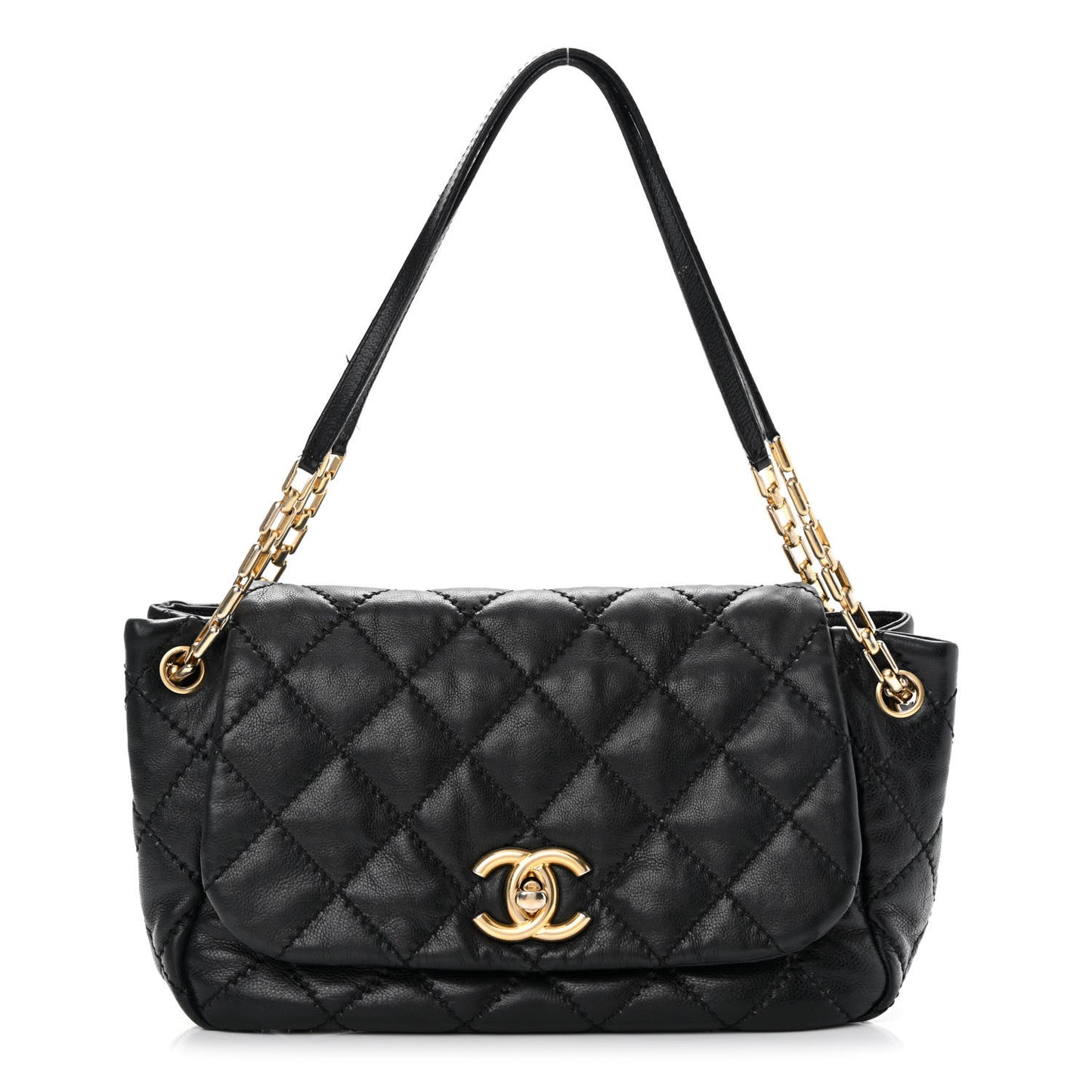 Calfskin Quilted Retro Chain Flap Black