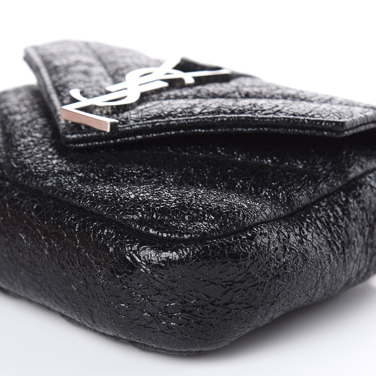 Metallic Crackled Calfskin Chevron Monogram Micro Crossbody Bag Black