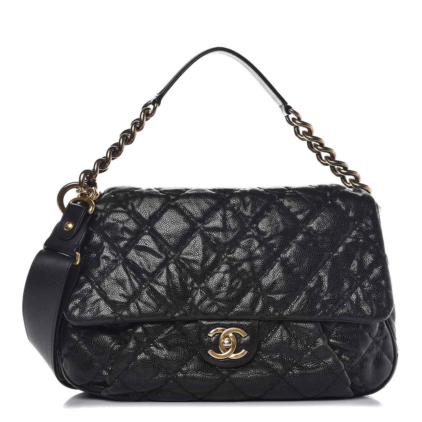 Crumpled Grained Calfskin Medium Coco Pleats Messenger Flap Black