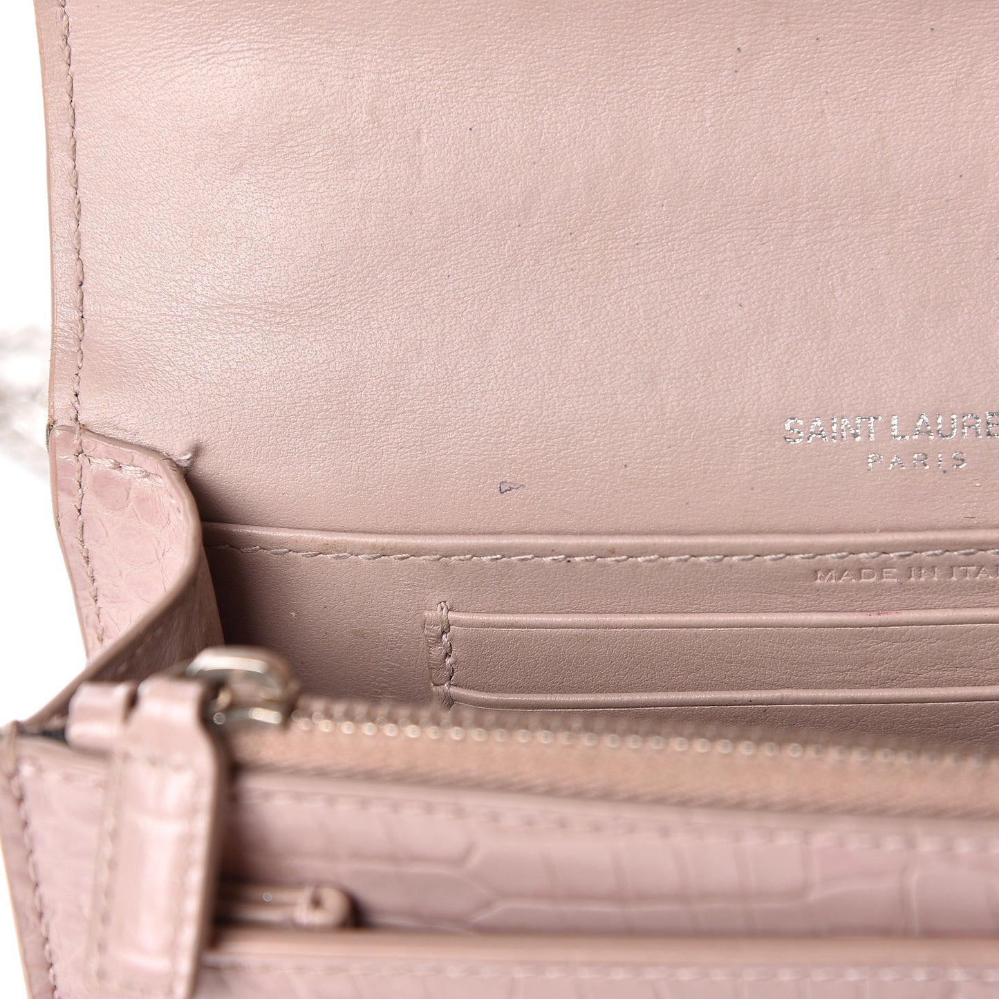 Calfskin Crocodile Embossed Monogram Sunset Chain Wallet Soft Nude