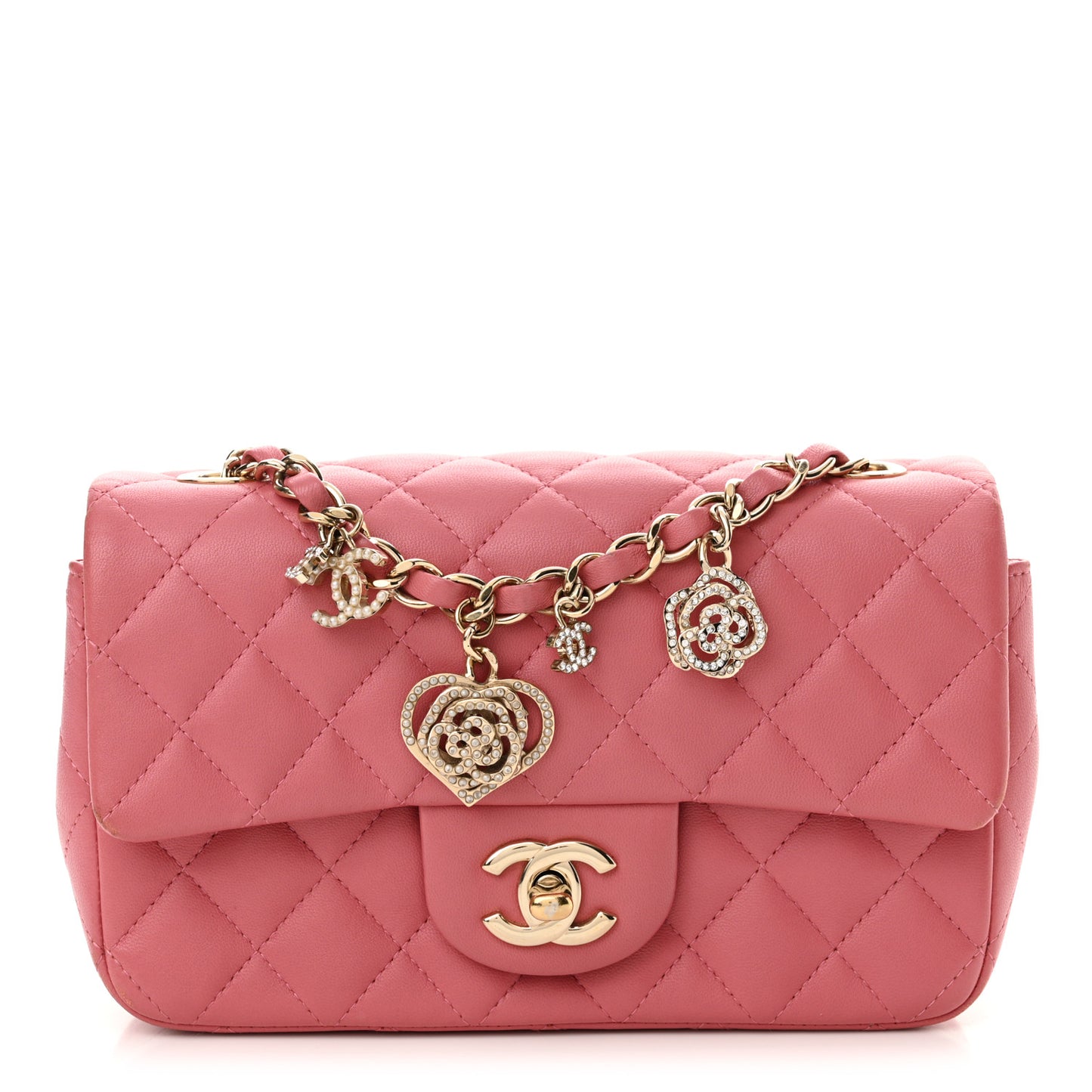 Lambskin Quilted Valentine Charms Mini Rectangular Flap Pink
