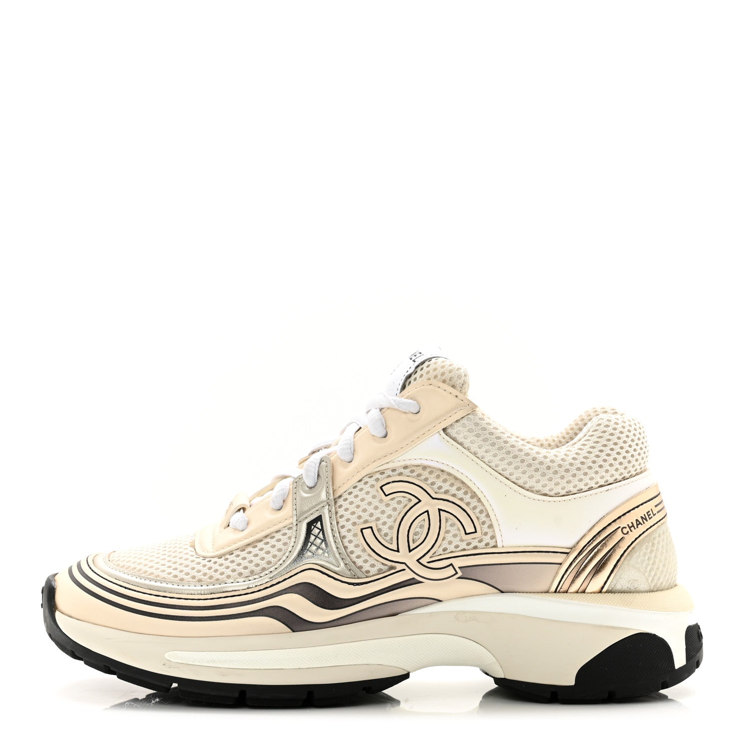 Chanel Fabric Laminated Calfskin Stretch CC Sneakers 35.5 White Gold Silver 1 of 10