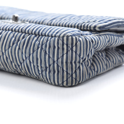 Chanel Denim Striped Quilted Medium Double Flap Navy White 10 of 11