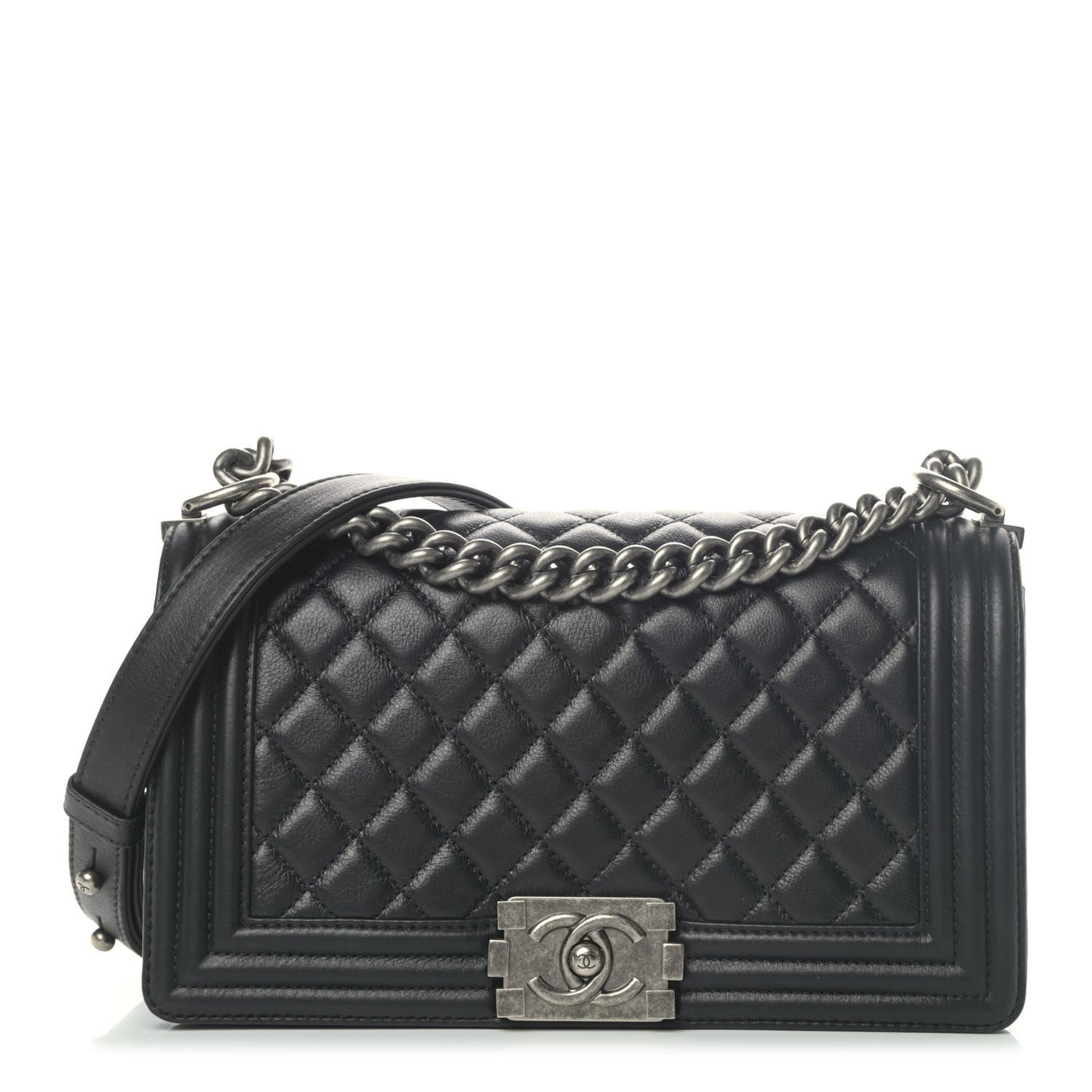 Metallic Calfskin Quilted Medium Boy Flap Black