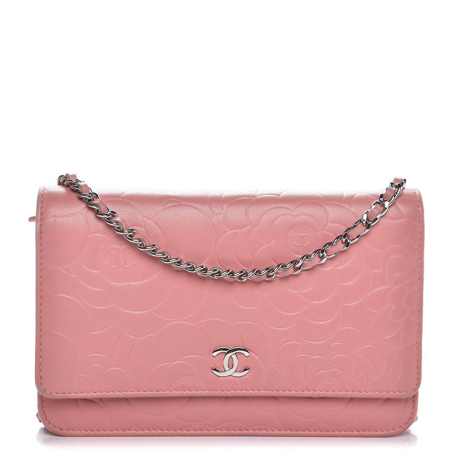Lambskin Camellia Embossed Wallet On Chain WOC Pink