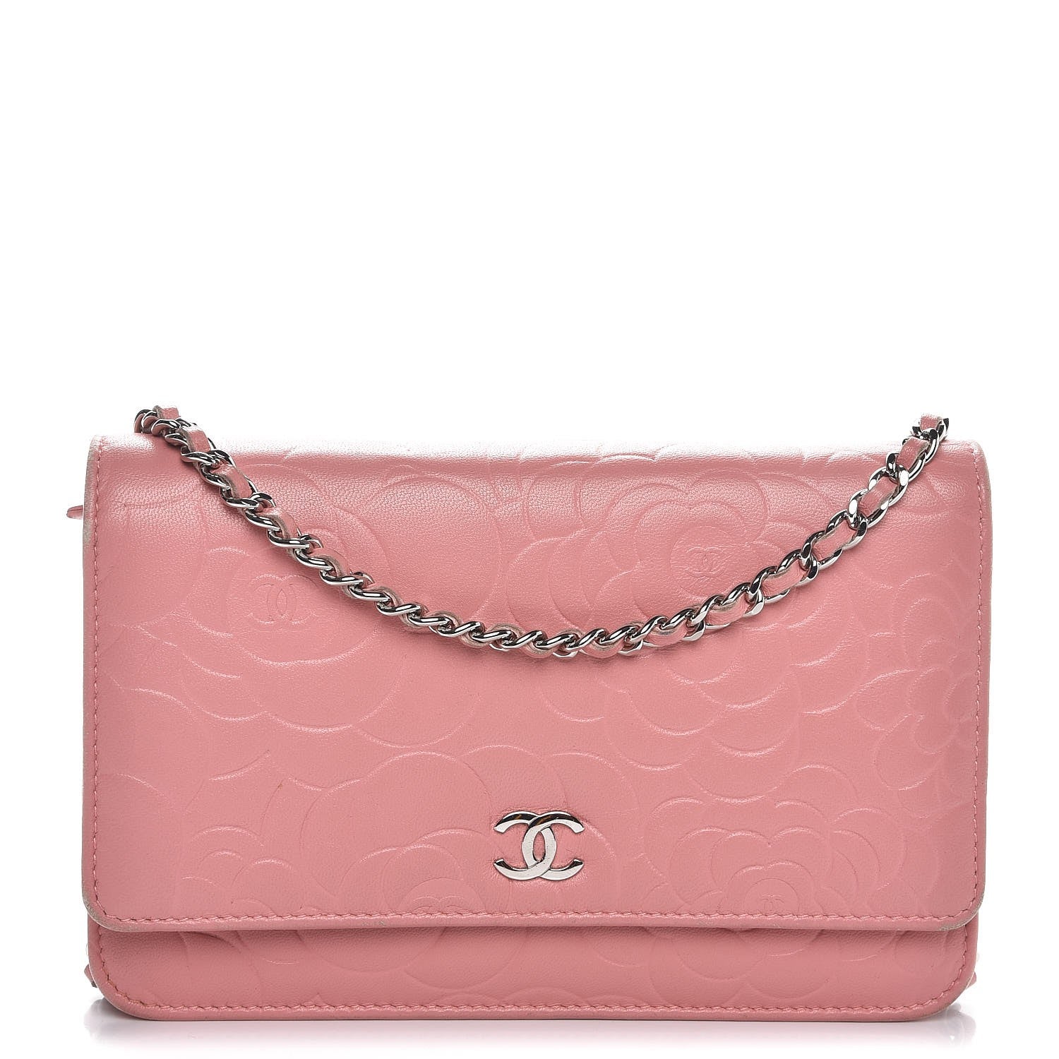Chanel Lambskin Camellia Embossed Wallet On Chain WOC Pink 1 of 8
