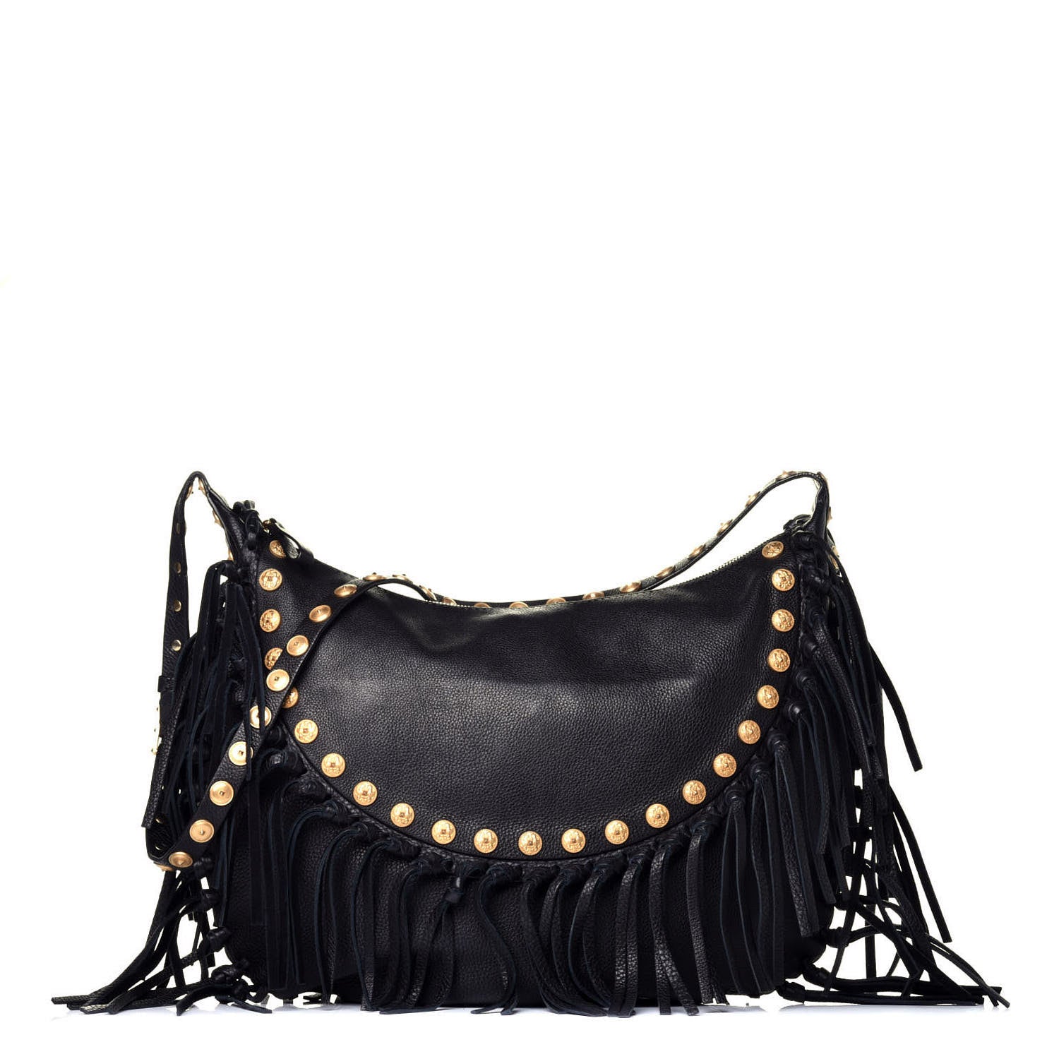 Valentino Garavani Grained Calfskin C-Rockee Fringe Hobo Black 1 of 8