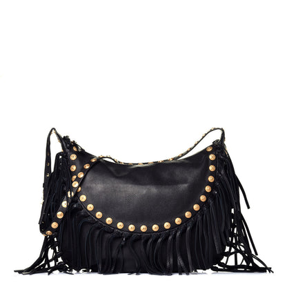 Valentino Garavani Grained Calfskin C-Rockee Fringe Hobo Black 1 of 8