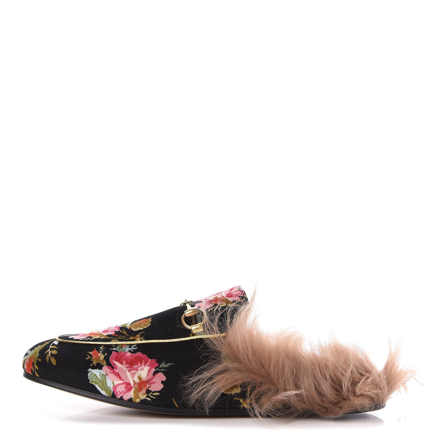 Velvet Fur Floral Womens Princetown Slippers 40 Black