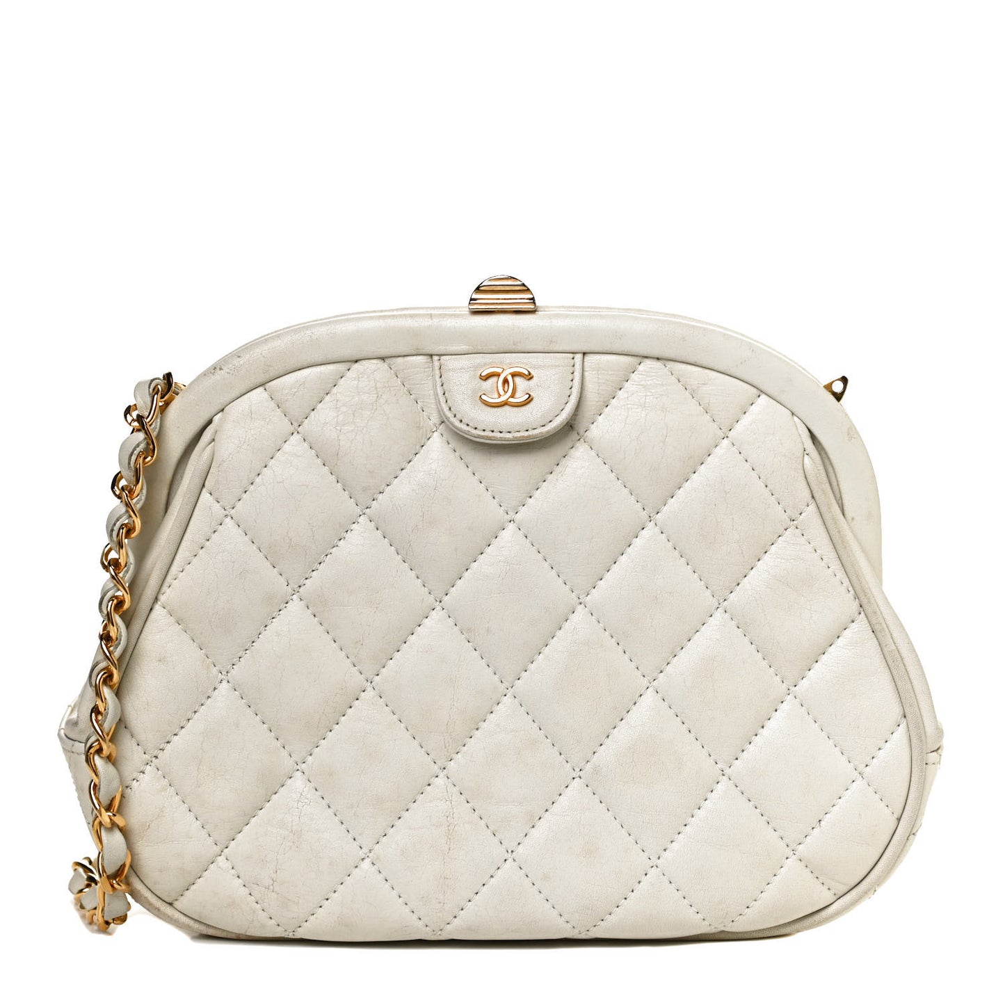 Lambskin Quilted CC Kiss Lock Evening Clutch White