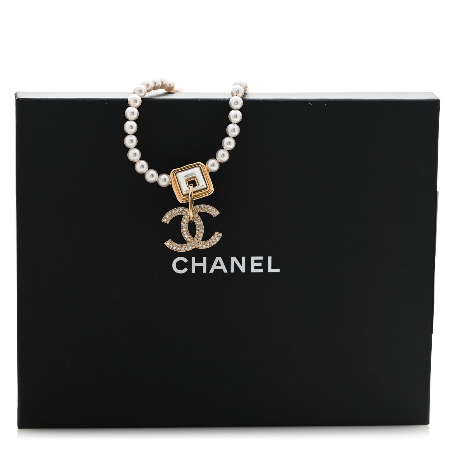 Pearl Crystal CC Square Choker Necklace Gold Pearly White