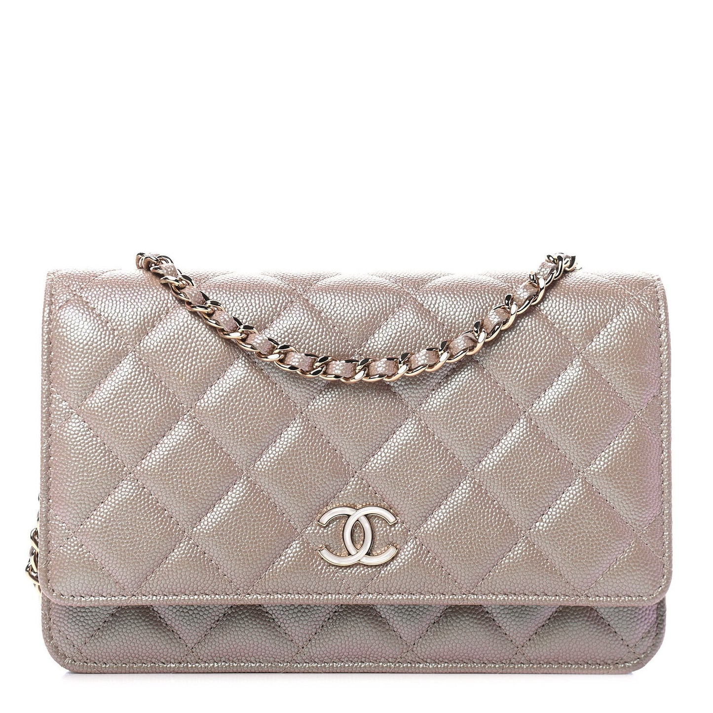 Iridescent Caviar Quilted Wallet On Chain WOC Beige
