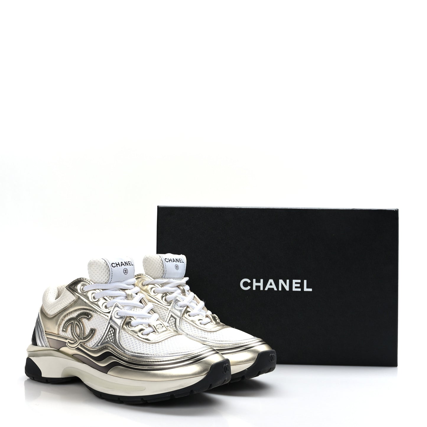 Fabric Laminated Calfskin Stretch CC Sneakers 39.5 White Gold Silver