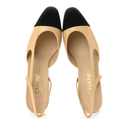 Chanel Goatskin Grosgrain Cap Toe CC Slingback Pumps 38 Beige Black 2 of 10