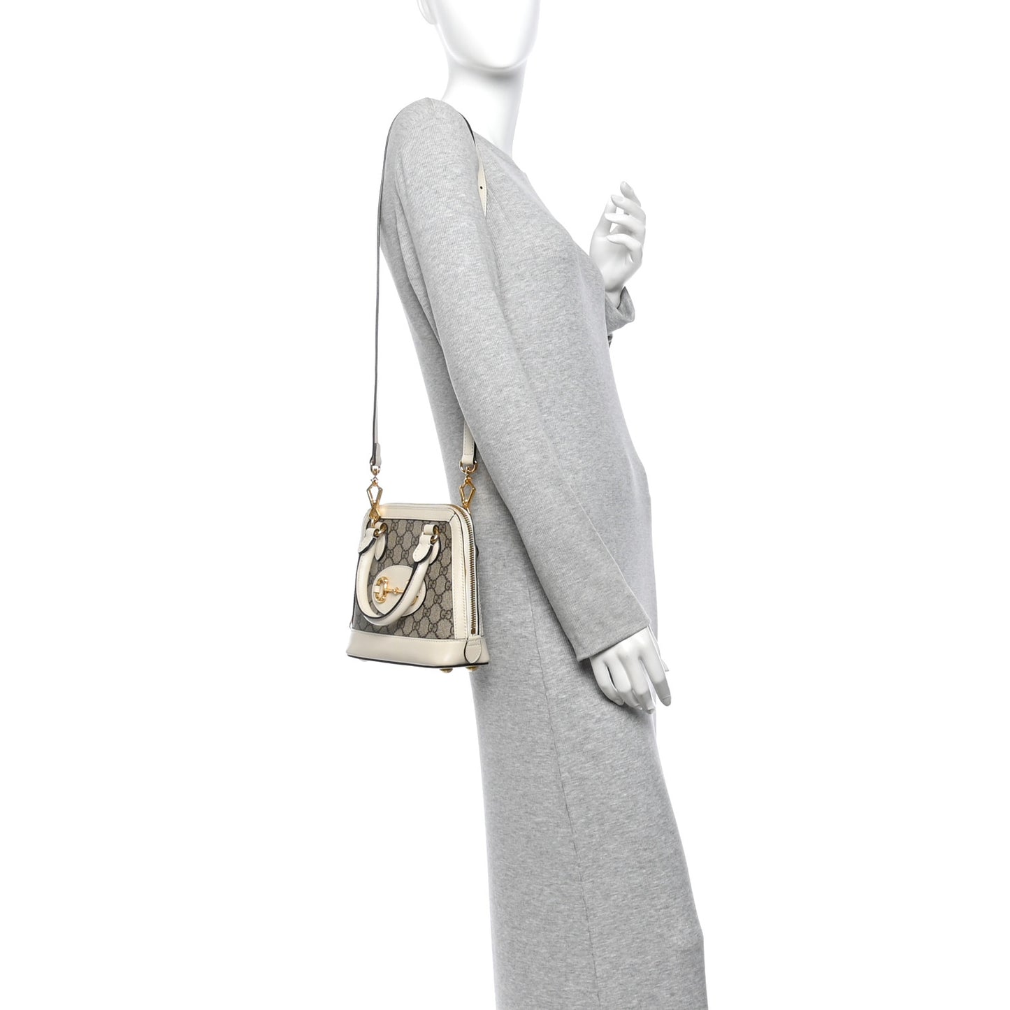 GG Supreme Monogram Azalea Calfskin Mini Horsebit 1955 Top Handle Bag Beige Ebony Mystic White
