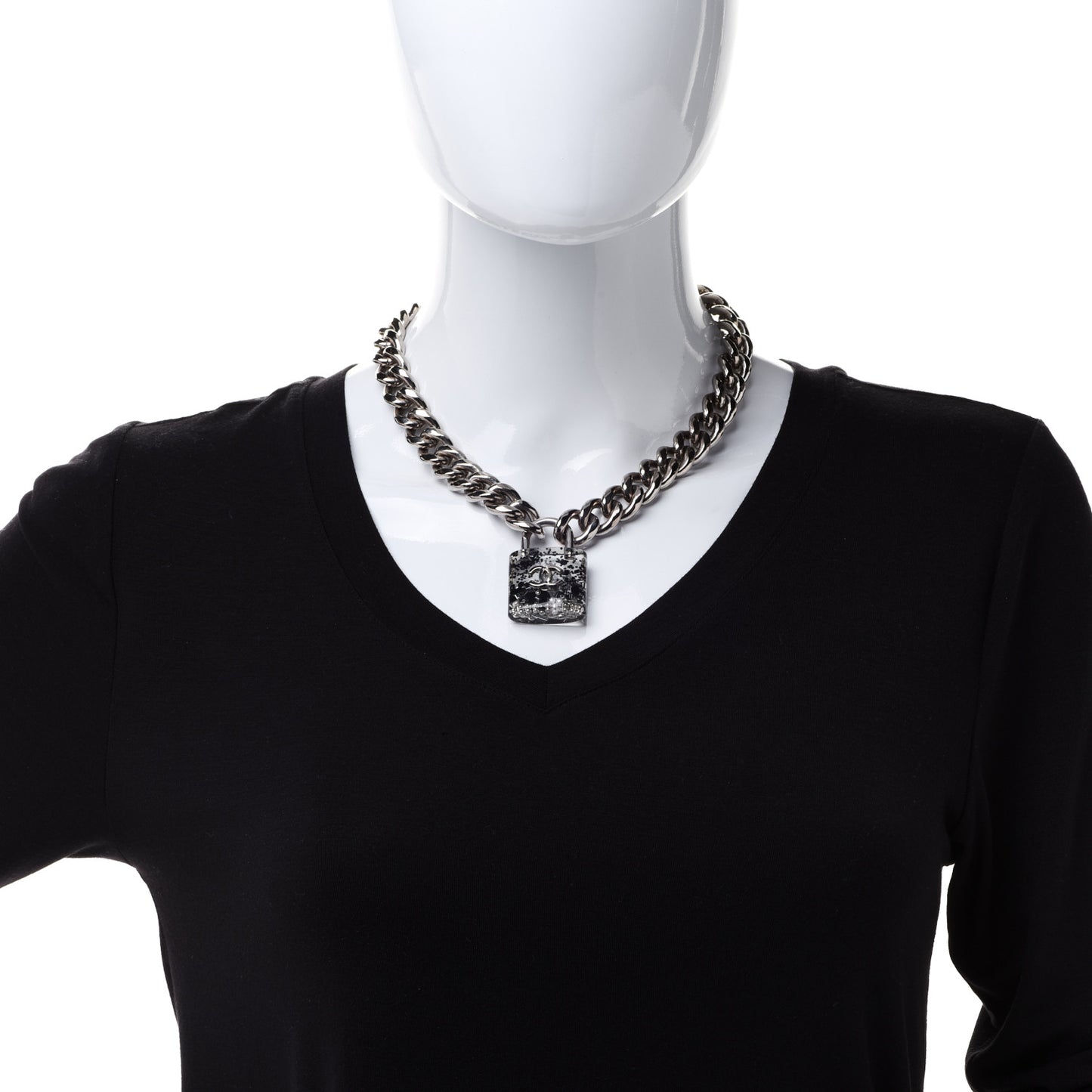 Resin CC Oversized Padlock Chain Necklace Silver Pearly White