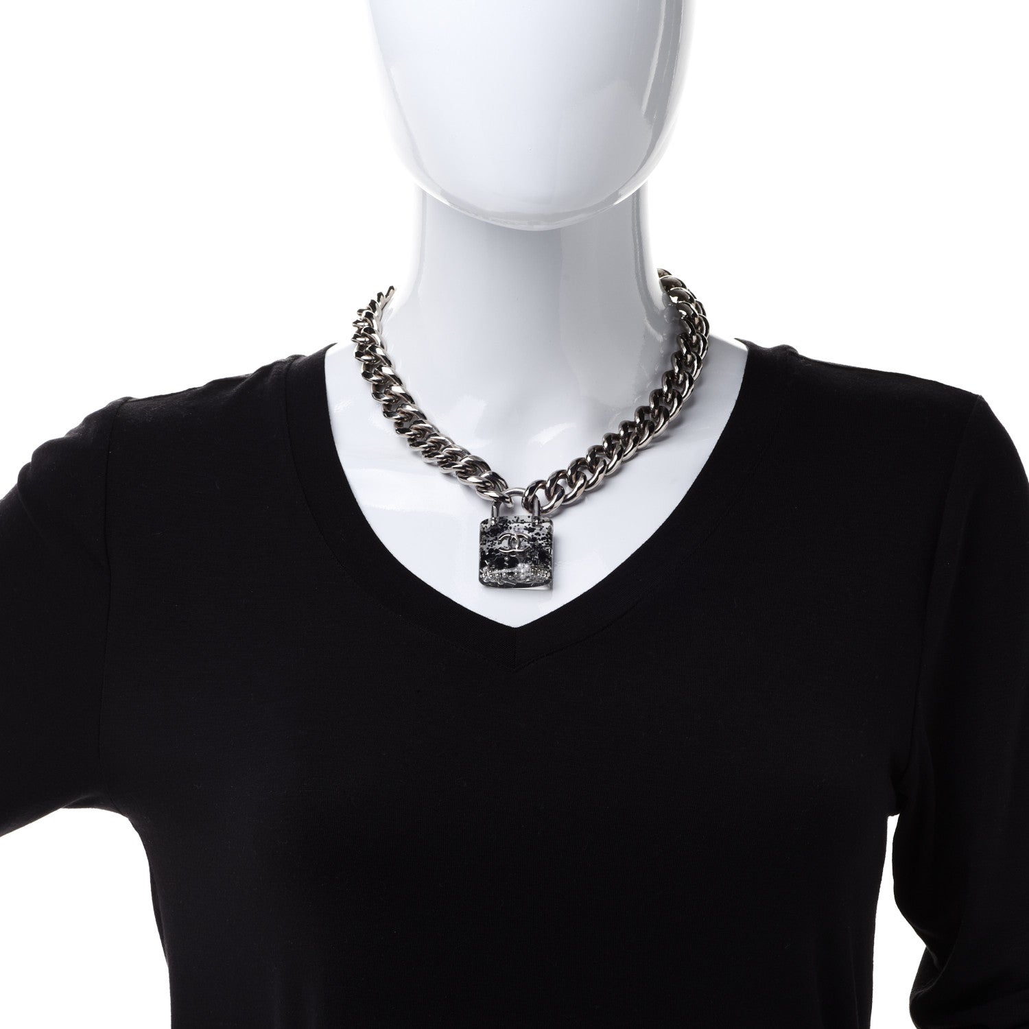 Chanel Resin CC Oversized Padlock Chain Necklace Silver Pearly White 2 of 5
