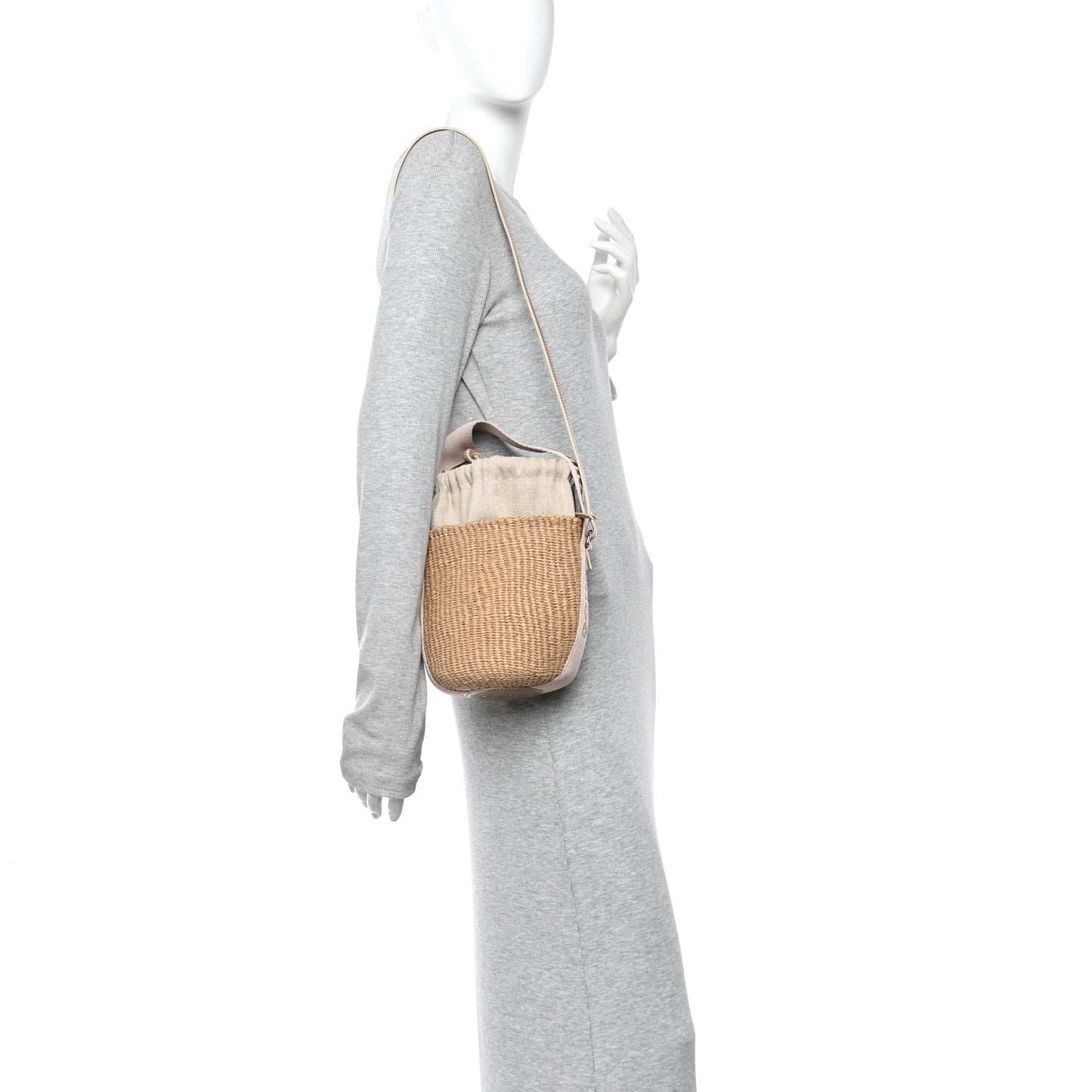 X MIFUKO Raffia Calfskin Small Woody Basket Shoulder Bag Beige Light Pink