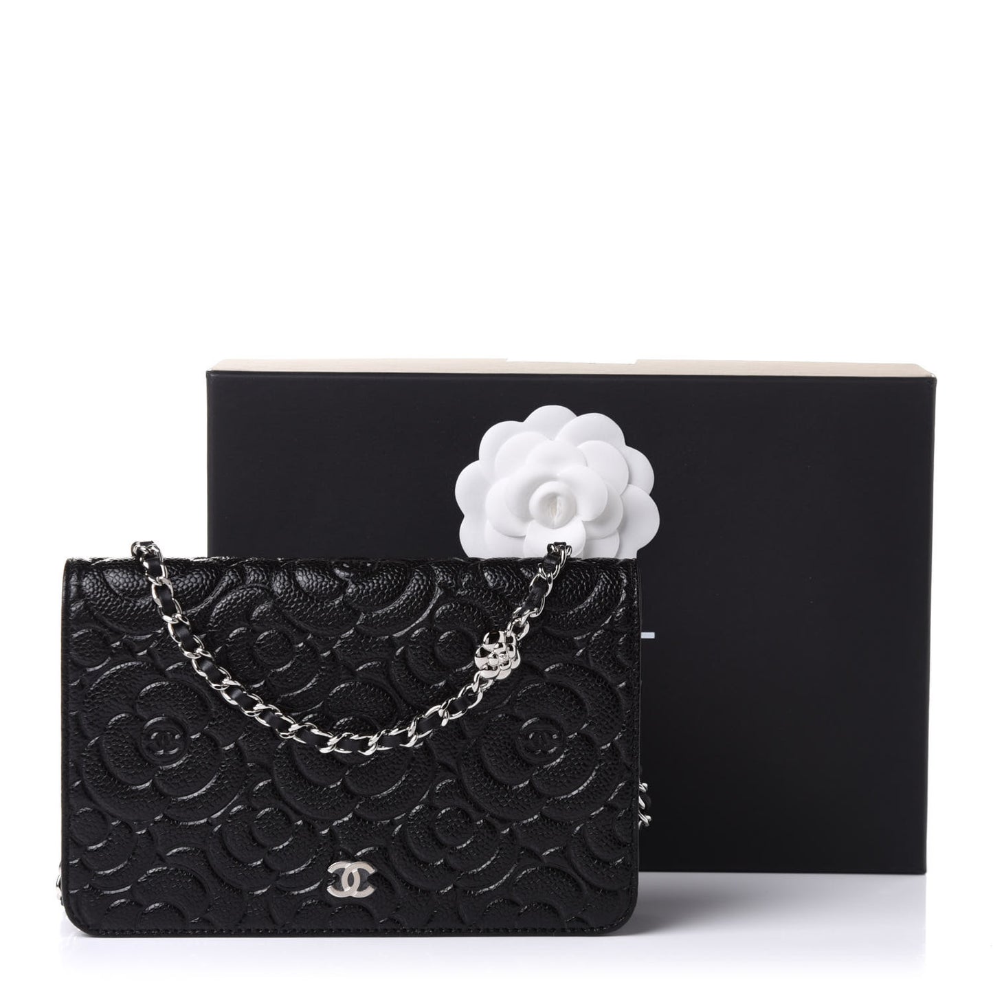 Caviar Camellia Embossed Wallet On Chain WOC Black
