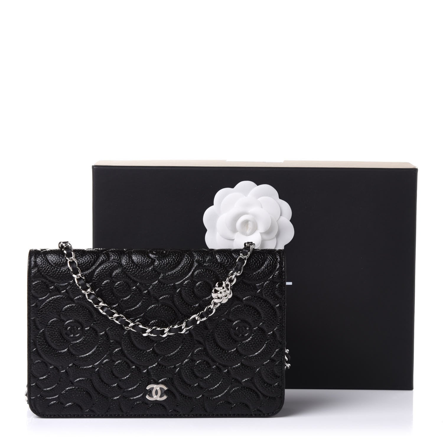 Chanel Caviar Camellia Embossed Wallet On Chain WOC Black 11 of 11