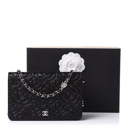 Chanel Caviar Camellia Embossed Wallet On Chain WOC Black 11 of 11