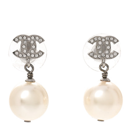 Chanel Crystal Pearl CC Drop Earrings Silver Pearly White 1 of 5