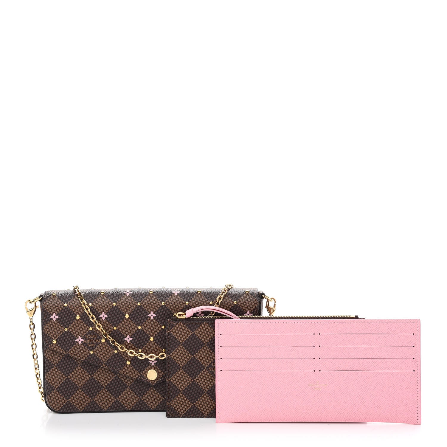 Louis Vuitton Damier Ebene Studded Pochette Felicie Chain Wallet 1 of 9