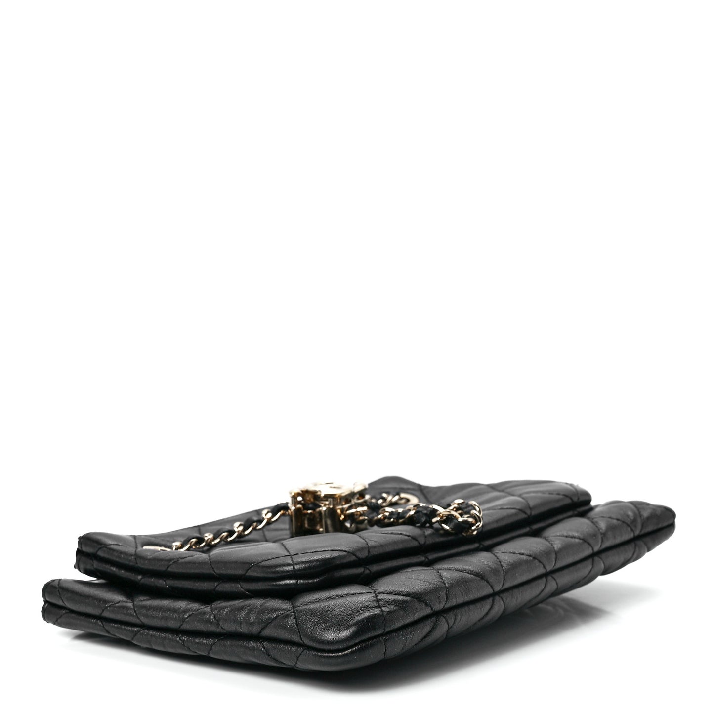 Shiny Lambskin Quilted Medium Double Case With Strap Black