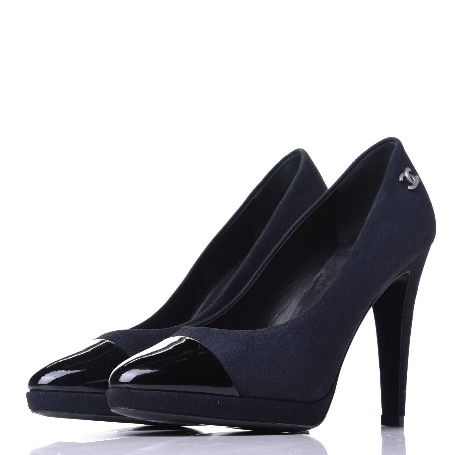Chanel Suede Patent Calfskin Cap Toe CC Pumps 36.5 Navy 3 of 10