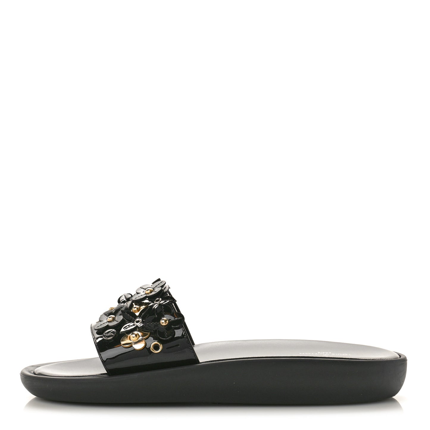 Patent Sunbath Flower Slide Sandals 37 Black Gold