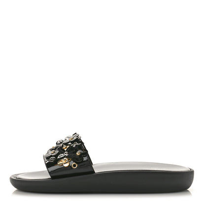 Louis Vuitton Patent Sunbath Flower Slide Sandals 37 Black Gold 1 of 9