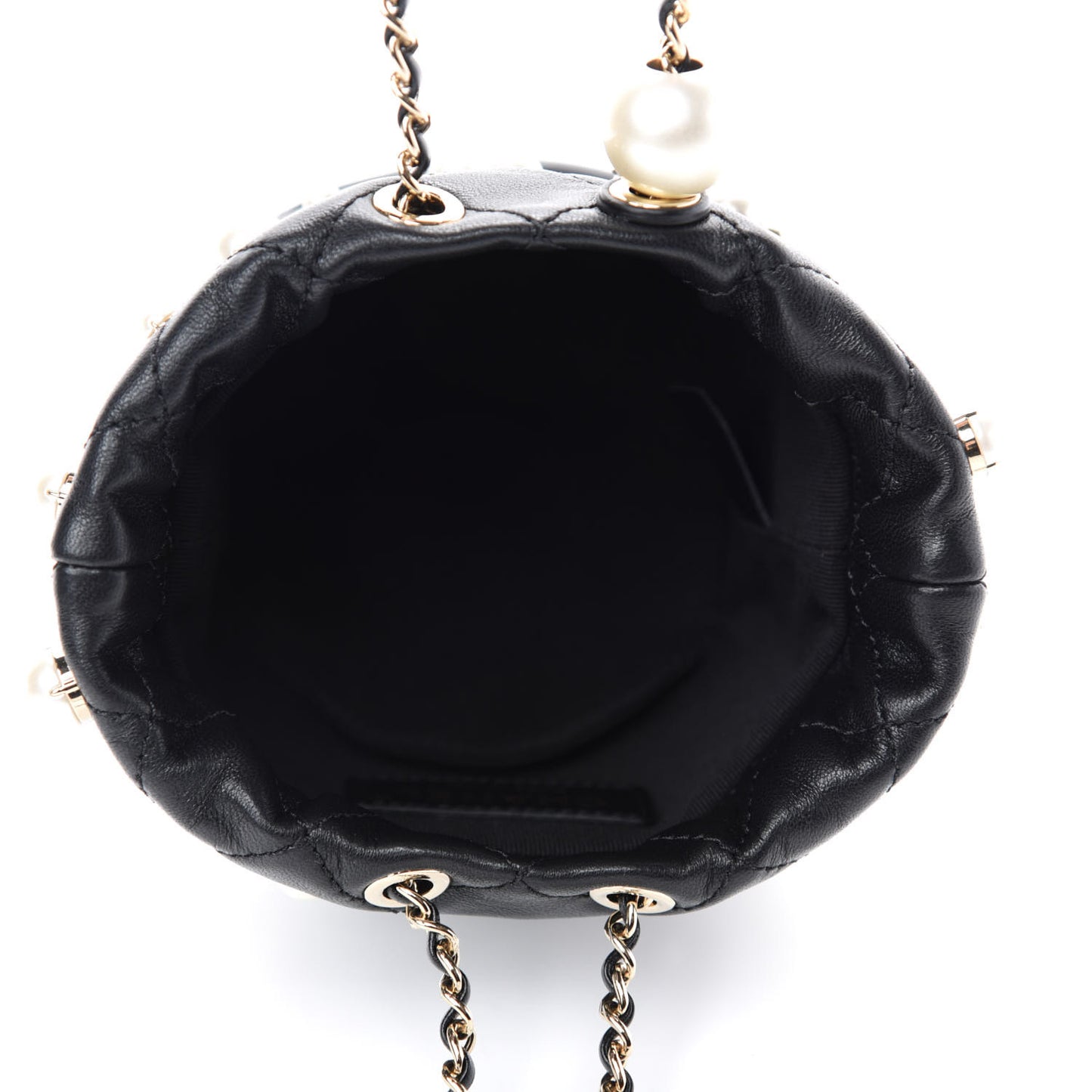 Lambskin Quilted Pearl Mini About Pearls Drawstring Bag Black
