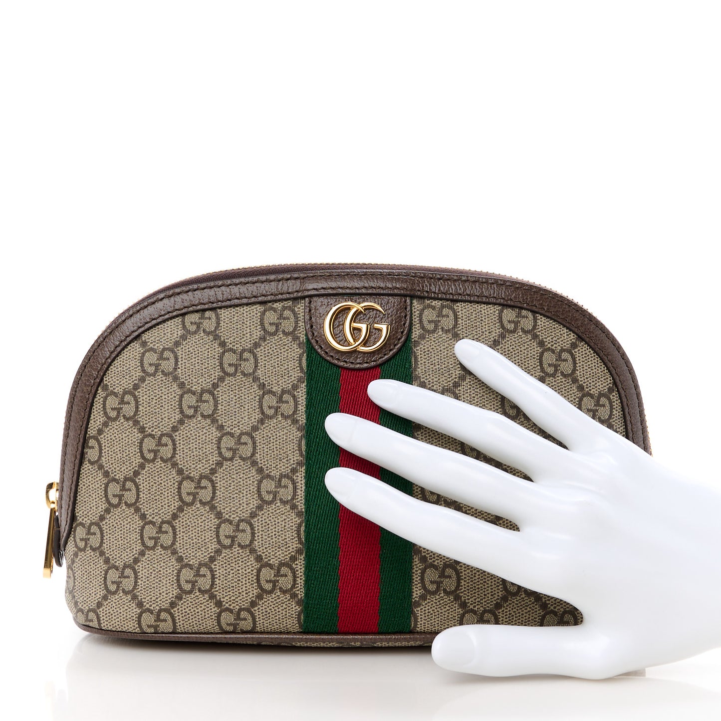 GG Supreme Monogram Textured Calfskin Web Large Ophidia Cosmetic Case Beige Ebony New Acero