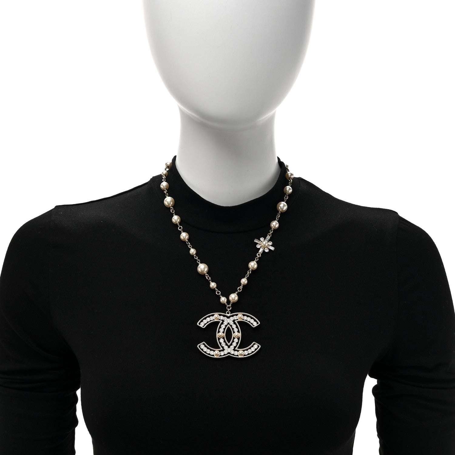 Chanel Crystal Baguette Pearl CC Cross Pendant Necklace Gold 2 of 4