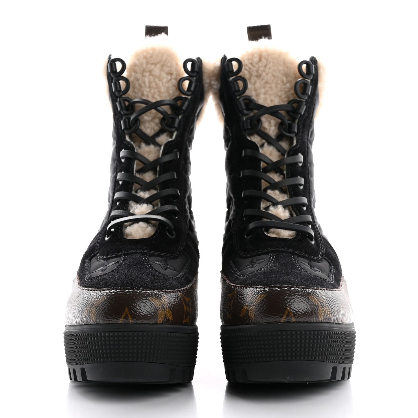 Nylon Suede Calfskin Shearling Monogram Laureate Platform Boots 38 Black