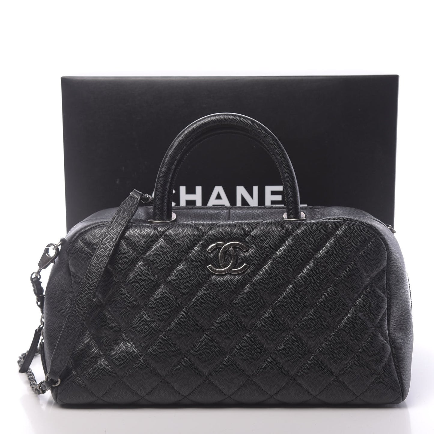 Caviar Quilted Large Coco Handle Bowling Bag Black