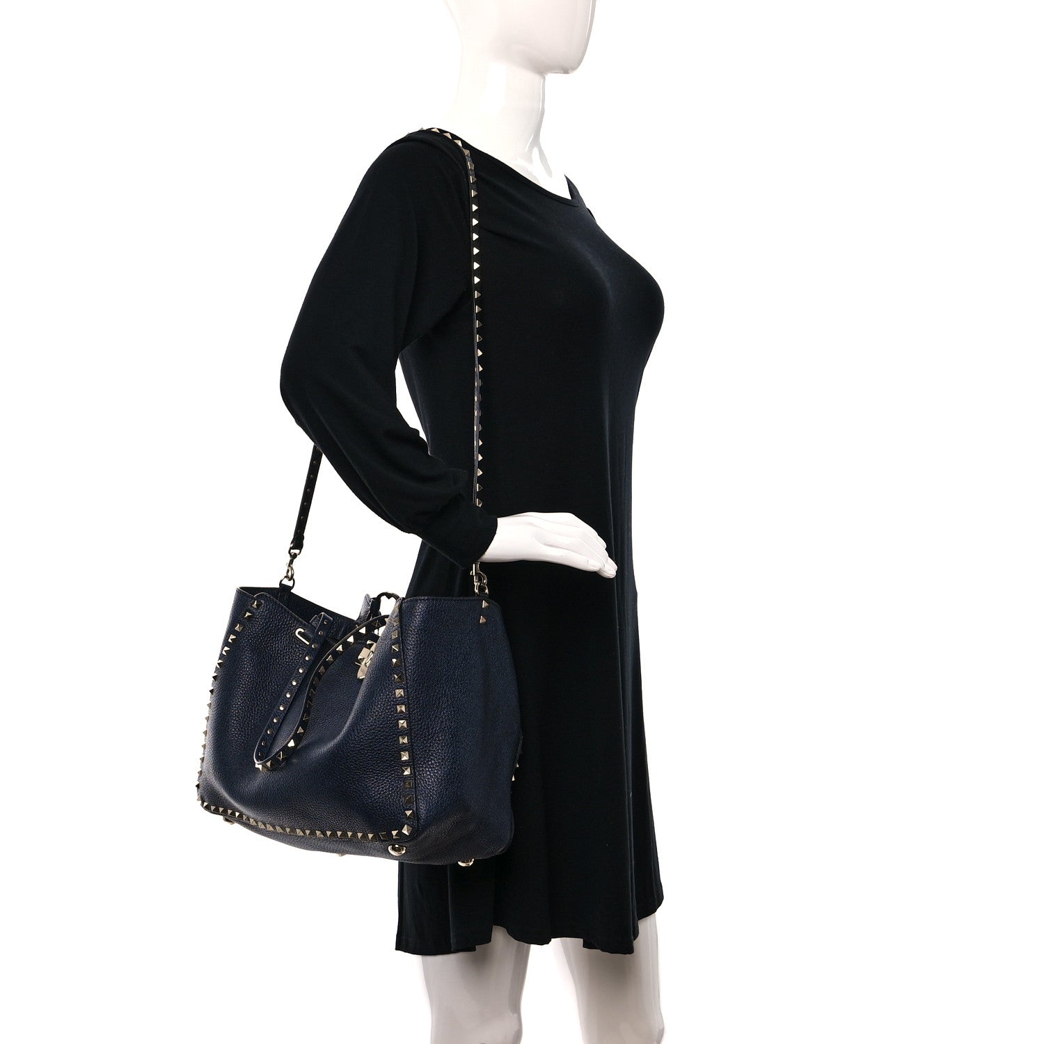 Valentino Garavani Pebbled Calfskin Medium Rockstud Tote Deep Denim 2 of 9