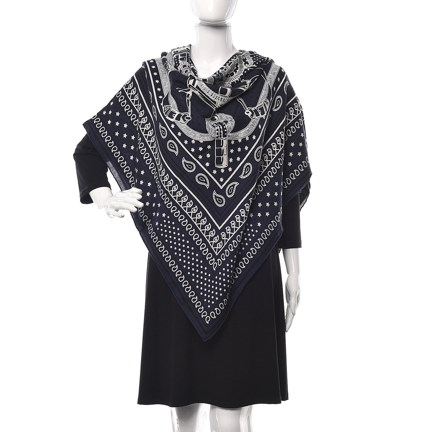 Cashmere Silk Eperon D'Or Shawl 140 Marine White Black